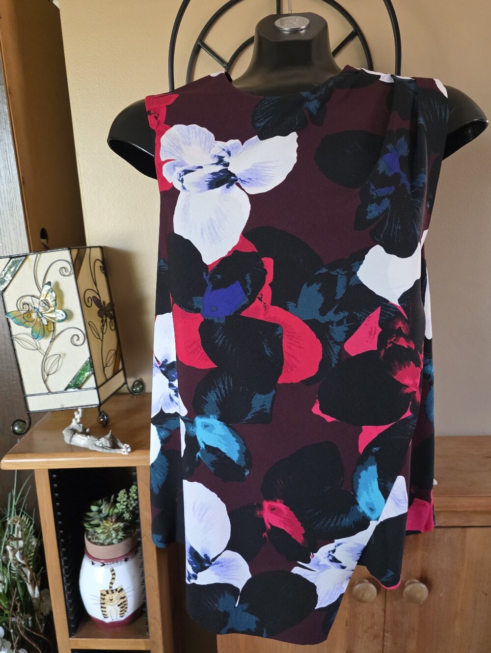 Lord & Taylor Burgundy Floral Sleeveless Asymetrical Hem Pleated Shoulder Top